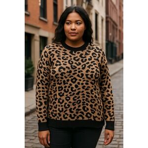 Ava & Viv Sweater Womens 1X Print Tan Black Leopard Soft Jacquard Cozy Chic Knit
